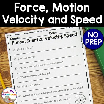 Preview of Force, Inertia, Velocity, and Speed - Science Worksheet