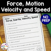 Force, Inertia, Velocity, and Speed - Science Worksheet