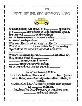 Force, Motion, & Newton's Laws of Motion Worksheet with Answer Key