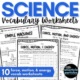 Force, Motion, and Energy Vocabulary Worksheets for 3rd, 4