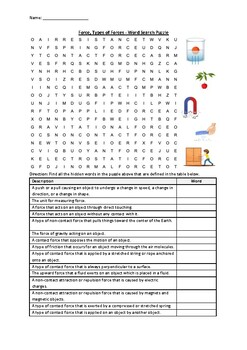 Preview of Force, Types of Forces - Word Search Puzzle Worksheet Activity (Printable)
