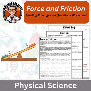 Preview of Force and Friction Reading Passage and Questions Worksheet