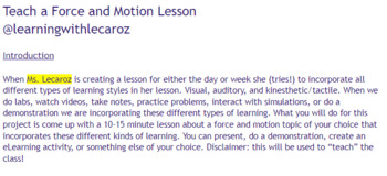 Preview of Force and Motion Project- Teach a Science Lesson Student Driven Assessment