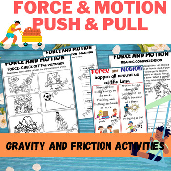 Preview of Force and Motion - Push and Pull- Gravity and Friction worksheet, sorting & more