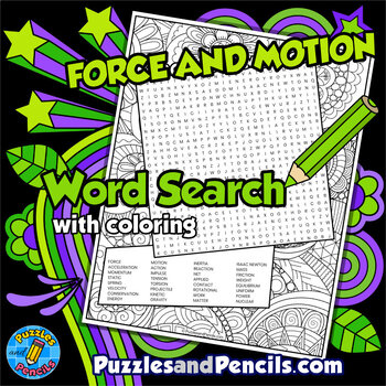 Preview of Force and Motion Word Search Puzzle Activity with Coloring | Physics Wordsearch