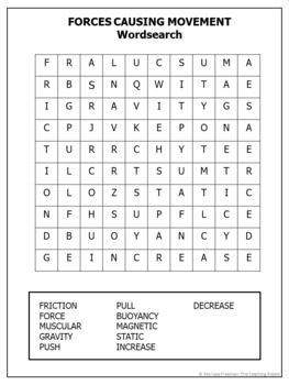Forces Causing Movement Science Test, Review & Word Search (Grade 3)