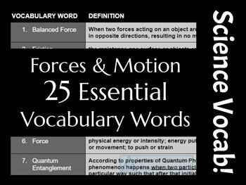 Preview of Forces & Motion Unit Science Vocabulary (25 words) (CCSS & NGSS)