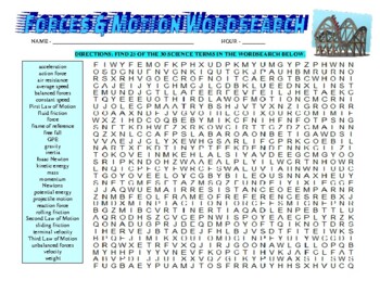 Preview of Forces & Motion Science Vocabulary Wordsearch (Puzzle / Definitions / Writing)