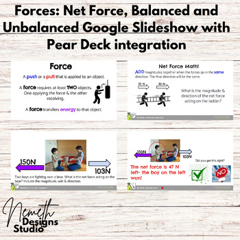 Preview of Forces Net Force Balanced Unbalanced Google Slideshow with Pear Deck integration