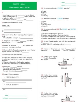 Preview of Forces – (Type of Forces) – Quiz + Answer Sheet