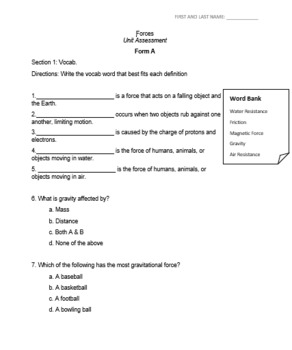 Preview of Forces Unit Assessment (Form A, includes an answer key)