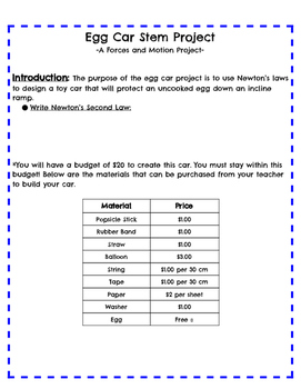 Preview of Forces and Motion Egg Car STEM project FREE