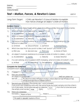 Forces and Motion Newton's Laws Unit Test and Review by The Ace