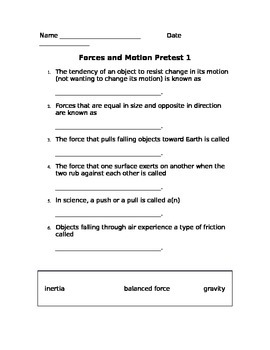Preview of Forces and Motion Pretest and Quiz