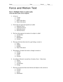 Forces and Motion Unit Test with Answer Key by Nicolle Belesimo