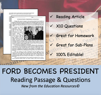 Preview of Ford Becomes President - Reading  Comprehension Passage & Questions