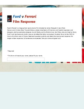Preview of Ford v Ferrari Microsoft Forms Quiz Link