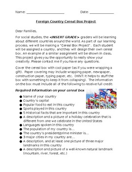 Preview of Foreign Country Cereal Box Research Project - Parent Letter and Scoring Guide