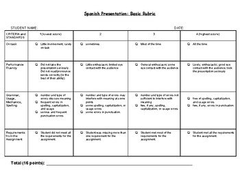 Preview of Foreign Language Presentation: Basic Rubric