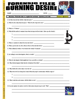 Preview of Forensic Files : Burning Desire (science video worksheet / distance learning)