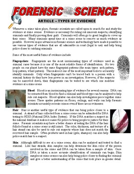 Preview of Forensic Science 101 - Types of Evidence (article / questions / crime)