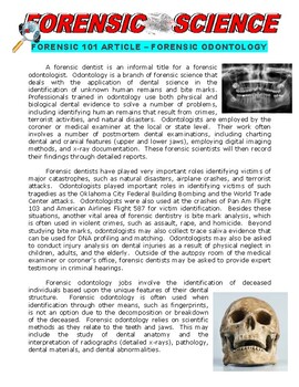 Preview of Forensic Science Article : Odontology (article and worksheet)