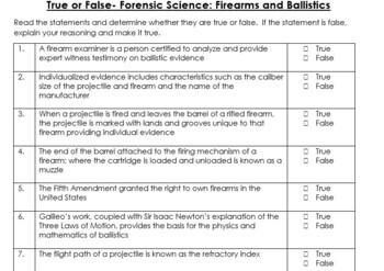 Forensic Science: Firearms and Ballistics True False Worksheet TPT