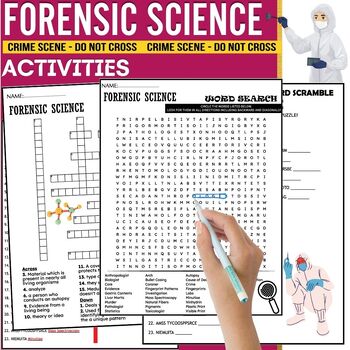 Preview of Forensic Science Worksheets ACTIVITIES,Word Scramble,Crossword & Wordsearch