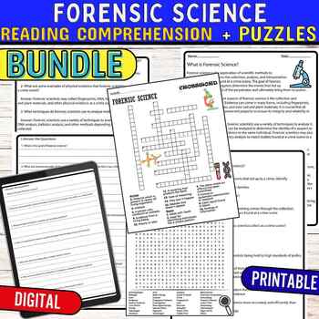 Preview of Forensic Science Worksheets Reading Comprehension Puzzles,Digital & Print BUNDLE