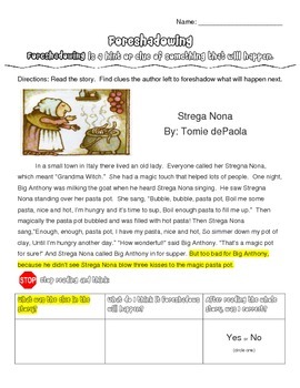 Preview of Foreshadowing: Reading Passage (Strega Nona), Graphic Organizer and Questions