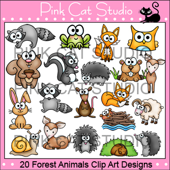 Preview of Woodland Forest Animals Clip Art: fox, skunk, deer, rabbit, groundhog, raccoon