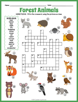 forest animals crossword puzzle worksheet activity by