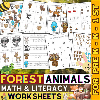 Preview of Forest Animals Math and Literacy Worksheets Pack | Woodland Animals | K - 2nd