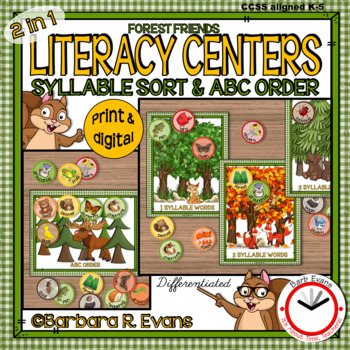 Preview of SYLLABLE SORTS ABC ORDER Forest Theme Literacy Centers Differentiated