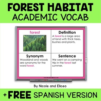 Preview of Digital Forest Animal Habitat Projectable Academic Vocabulary + FREE Spanish