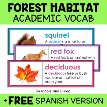 Preview of Forest Animal Habitat Word Wall Vocabulary + FREE Spanish