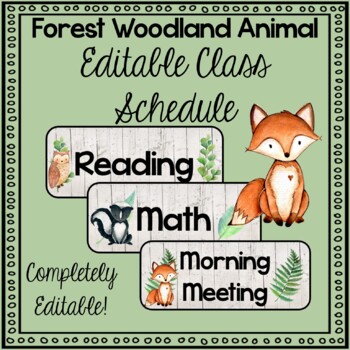 Preview of EDITABLE Forest Woodland Animal Theme Class Schedule Cards