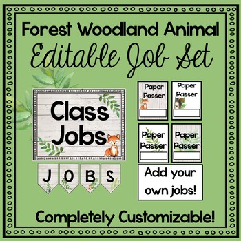 Preview of Forest Woodland Editable Class Jobs Decor Set
