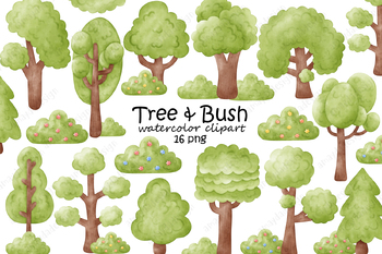 Preview of Forest tree clipart, tree watercolor clipart, flower bush clipart