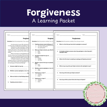 Preview of Forgiveness: Comprehension Reading and Questions Packet