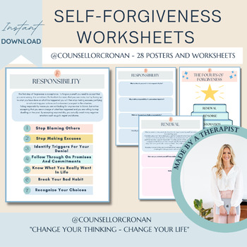 Preview of Forgiveness worksheets, self forgiveness, forgive, self compassion, anxiety