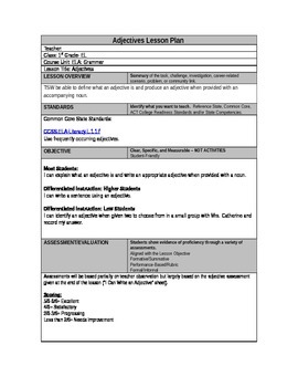 Preview of Formal Adjective Lesson Plan for 1st Grade and Accompanying Assessment