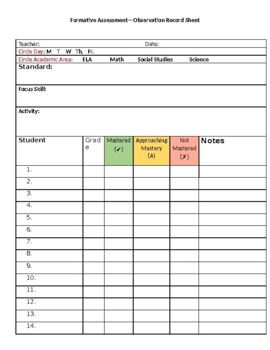 Preview of Formative Assessment Checklist & Observation Sheet Template