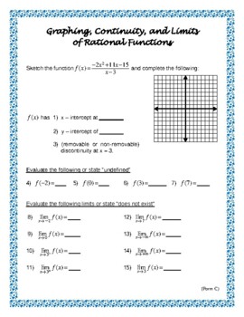Preview of Forms C and D of Graphing, Continuity, and Limits of Rational Functions