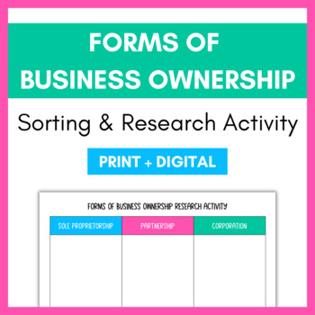 Preview of Forms of Business Ownership Graphic Organizer Sorting and Research Activity