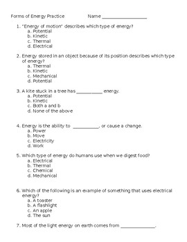 Forms of Energy Comprehension Questions by Tina Duckwall | TPT