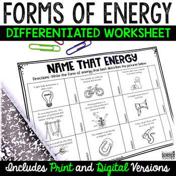Preview of Forms of Energy Differentiated Worksheet [Print & Digital for Distance Learning]