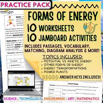 Preview of Forms of Energy Practice: 10 Worksheets & 10 Jamboard Activities w/ Answer Keys