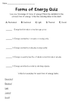 Forms of Energy Quiz by Melissa Parada  Teachers Pay Teachers