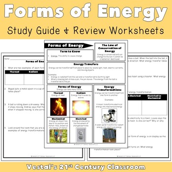Preview of Forms of Energy Study Guide and Review Worksheets - VA SOL 5.2 {PDF & Digital}